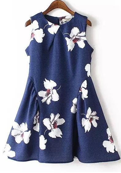 Romwe Flower Print Flare Sun Navy Dress