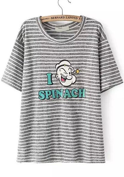 Romwe Cartoon Print Striped Dark Grey T-shirt