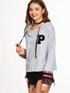 Romwe Heather Grey Embroidered Cuff Hoodie With Letter Patch