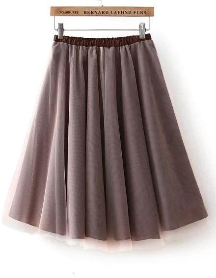 Romwe Elastic Waist Mesh Pleated Coffee Skirt