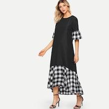Romwe Flounce Sleeve Plaid Longline Dress