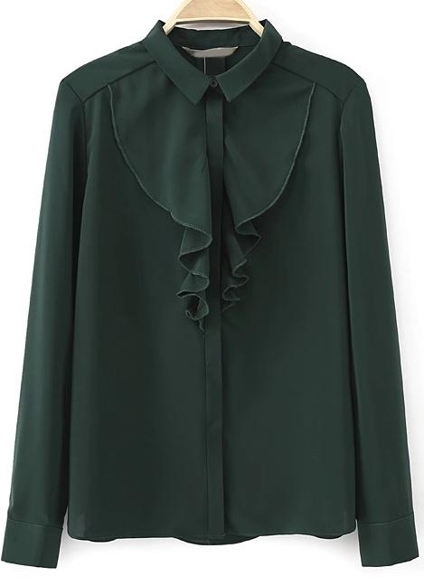 Romwe Green Long Sleeve Ruffle Slim Blouse