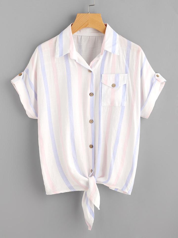 Romwe Contrast Striped Knot Hem Pocket Blouse