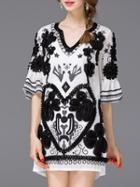 Romwe Black V Neck Bell Sleeve Disc Flowers Dress