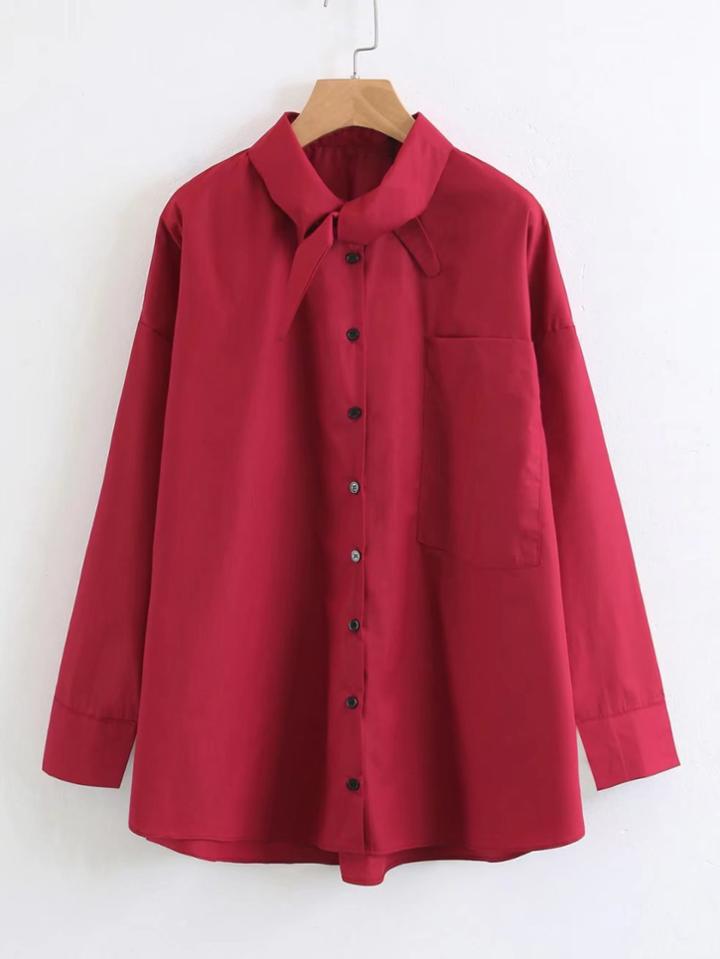 Romwe Tie Neck Chest Pocket Shirt