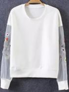 Romwe Contrast Organza Sleeve Embroidered White T-shirt