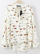 Romwe Colour Tie-neck Insect Print Dip Hem Blouse