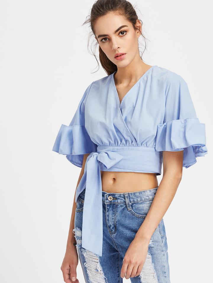 Romwe Wrap Self Tie Front Open Back Crop Top