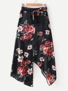 Romwe Self Tie Asymmetrical Floral Skirt