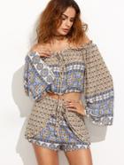 Romwe Blue Off The Shoulder Tribal Top With Wrap Shorts