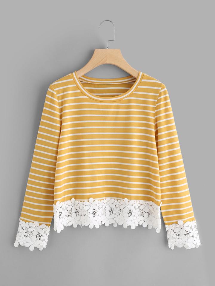 Romwe Contrast Lace Trim Striped Tee