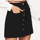 Romwe Dual Pocket Button Front Denim Skirt