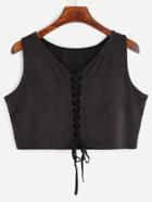 Romwe Black Faux Suede Lace Up Crop Sleeveless Top