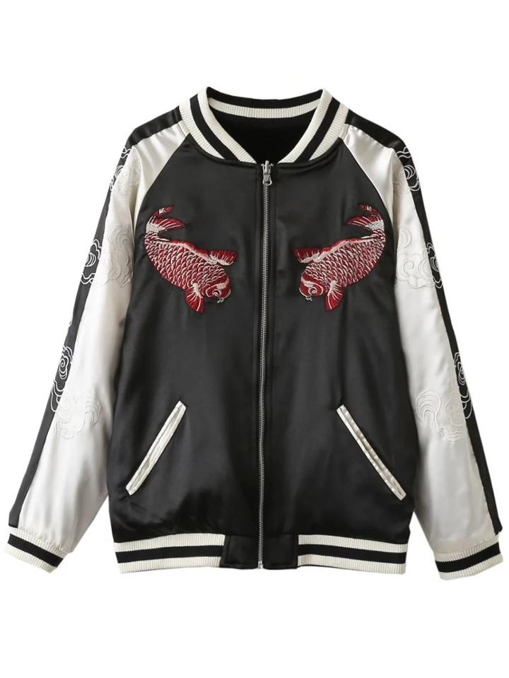 Romwe Contrast Striped Trim Chinoiserie Embroidery Reversible Bomber Jacket