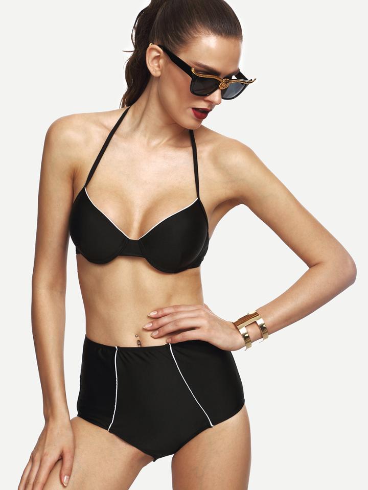 Romwe Black Plunge High Waist Bikini Set