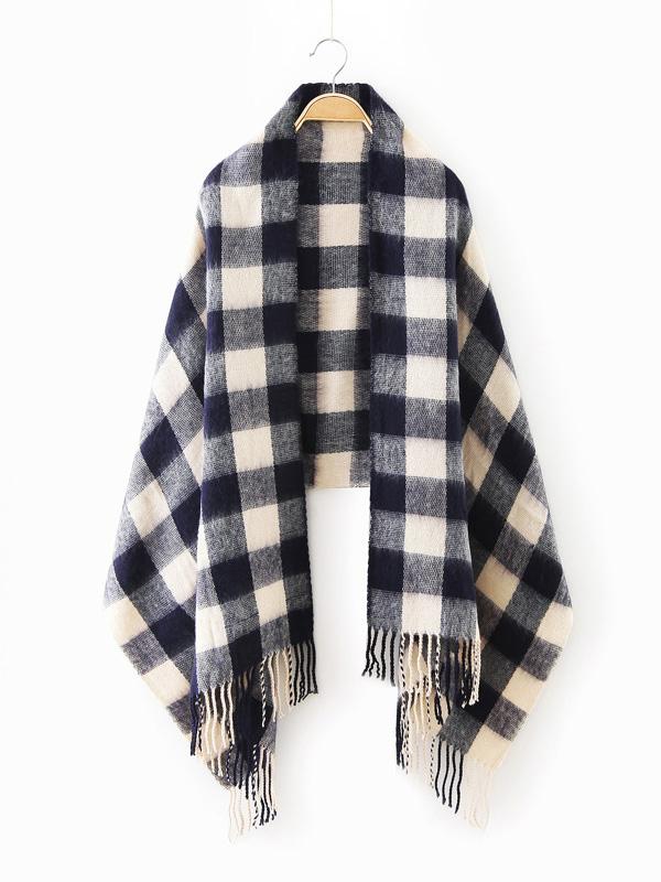Romwe Navy Checkered Fringe Edge Scarf