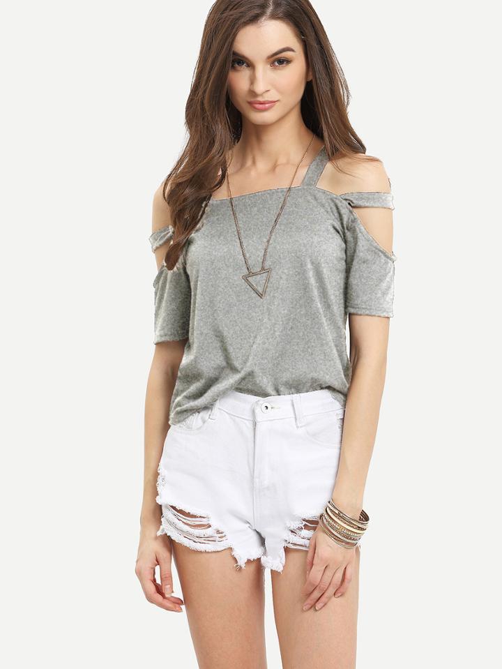 Romwe Ladder-cutout Shoulder T-shirt - Grey