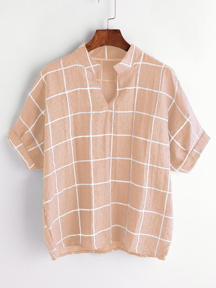 Romwe Pink Grid Print Dip Hem V Neck Blouse