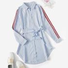 Romwe Striped Tape Panel Belted Single Breasted Shirt Dress
