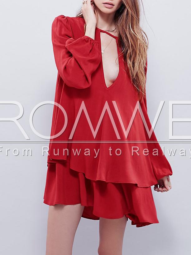 Romwe Red Long Sleeve Cut Out Ruffle Dress