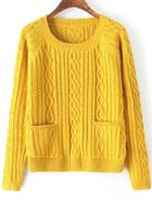 Romwe Diamond Patterned Pockets Yellow Sweater