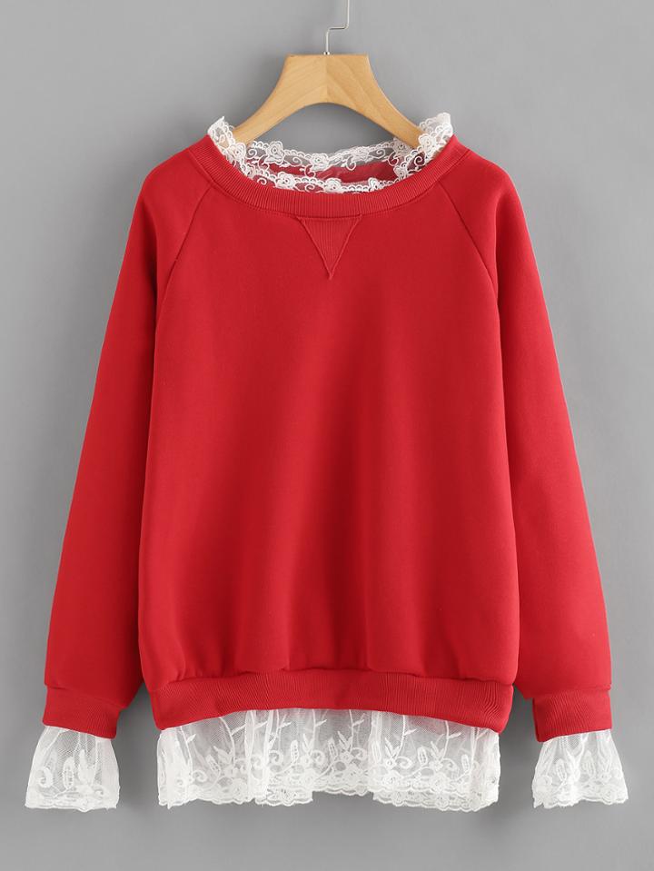 Romwe Lace Trim Raglan Sleeve Sweatshirt