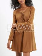Romwe Brown Long Sleeve Lace Up Dress