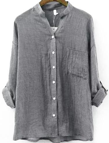 Romwe V Neck With Pocket Grey Blouse