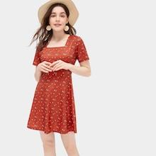 Romwe Floral Print Square Neck Dress