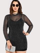 Romwe Mock Neck Glitter Mesh 2 In 1 Dress