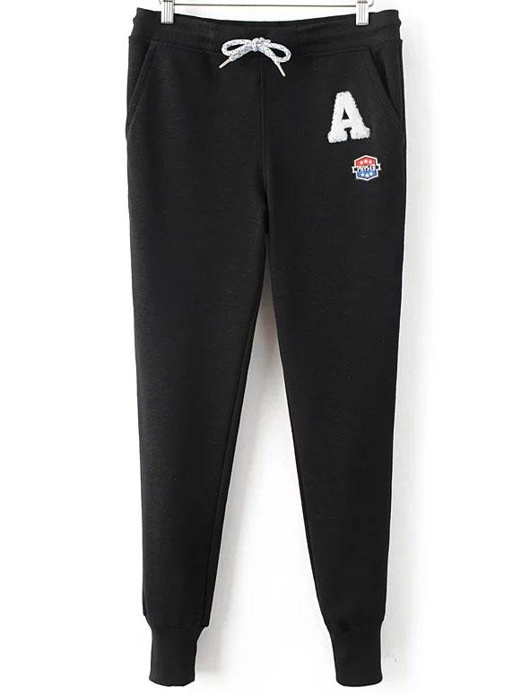 Romwe Black Drawstring Waist Patch Pants