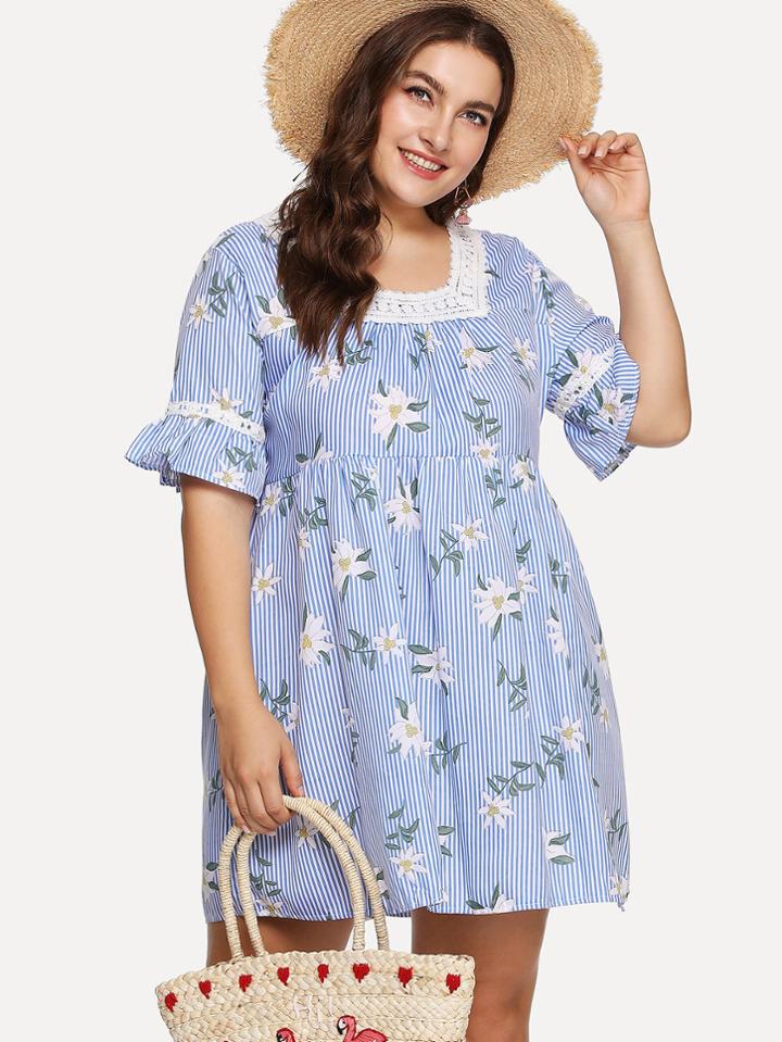 Romwe Floral Print Lace Panel Striped Dress