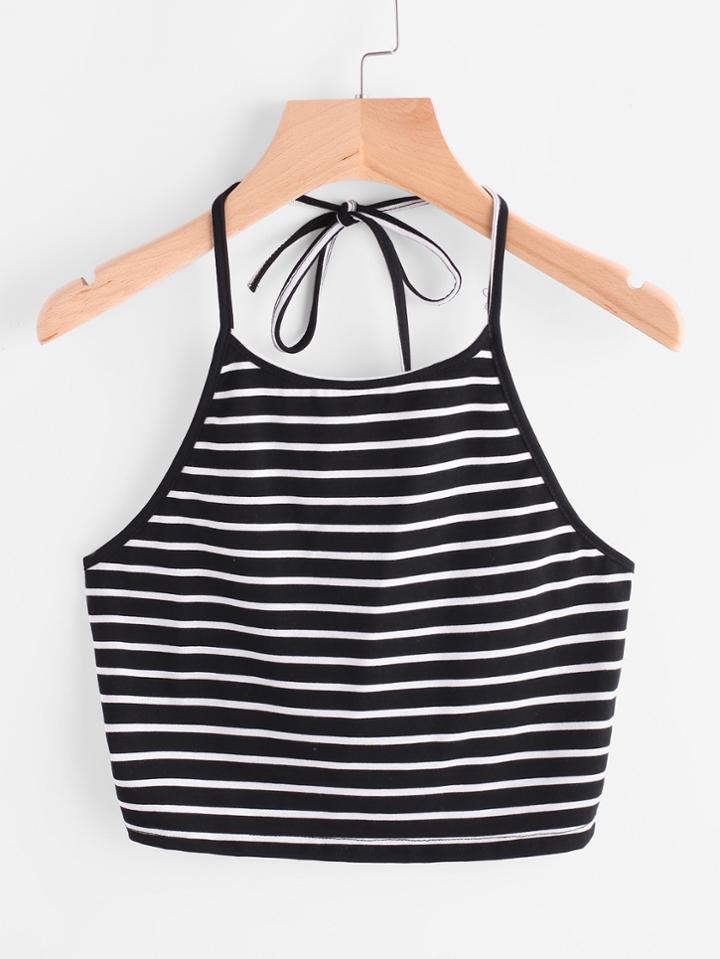 Romwe Halter Neck Striped Top
