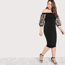 Romwe Plus Bardot Pencil Dress With Embroidered Mesh Sleeve