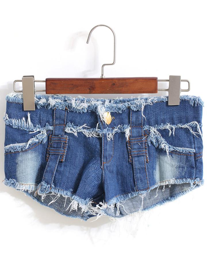 Romwe Bleached Fringe Denim Blue Shorts