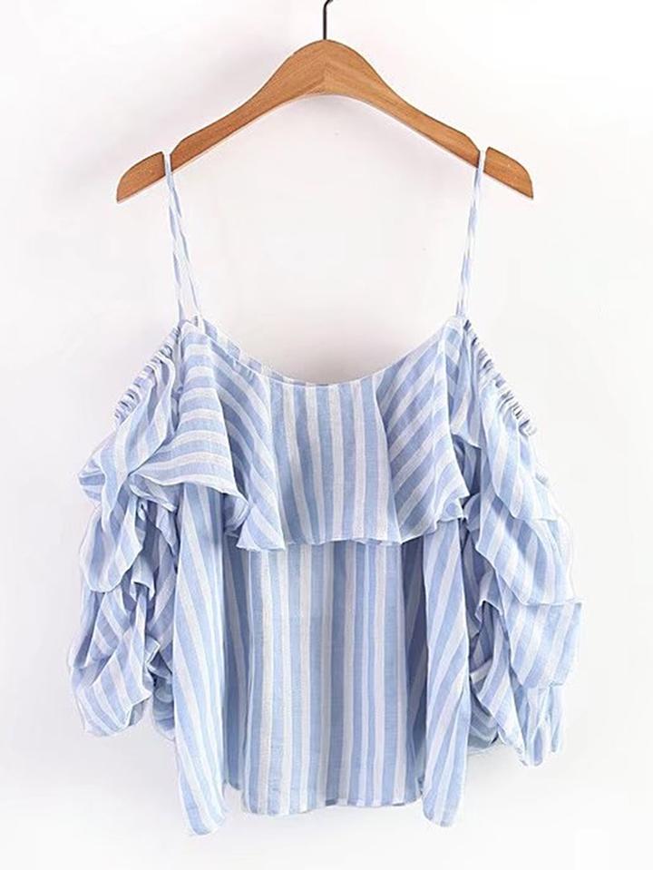 Romwe Cold Shoulder Vertical Striped Tiered Top