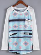 Romwe Geometric Print Lace Pocket Sweatshirt