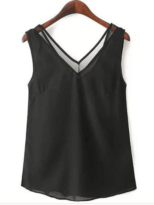 Romwe Mesh Insert Chiffon Tank Top - Black
