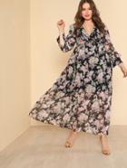 Romwe Self Belted Floral Maxi Dress
