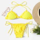 Romwe Lettuce Trim Halter Top With Tie Side Bikini Set