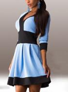 Romwe V Neck Flare Pale Blue Dress