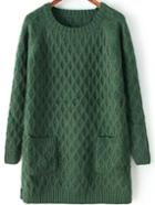 Romwe Round Neck Pockets Long Dark Green Sweater