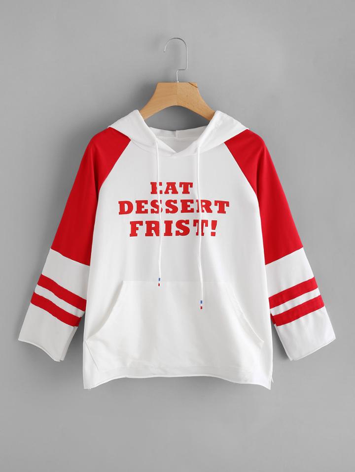 Romwe Slogan Print Kangaroo Pocket Varsity-striped Hoodie