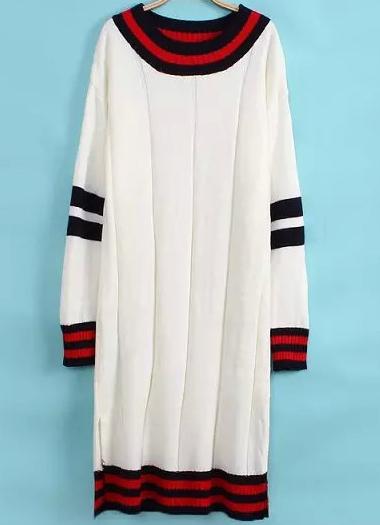 Romwe White Round Neck Striped Sweater Dress
