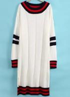 Romwe White Round Neck Striped Sweater Dress