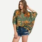 Romwe Feather Print Batwing Sleeve Chiffon Top