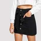 Romwe Dual Pocket Button Front Belted Skirt
