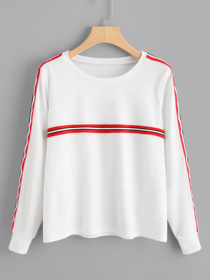 Romwe Striped Tape Detail Pullover