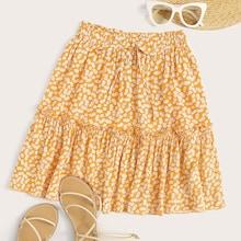Romwe Ditsy Floral Print Tie Front Frilled Skirt