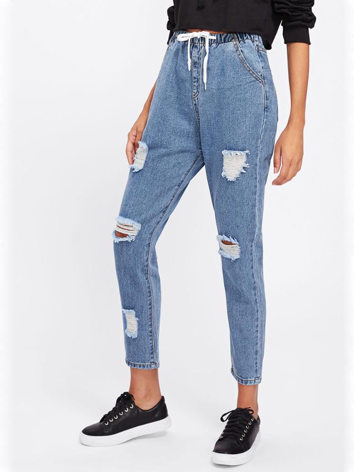 Romwe Drawstring Waist Ripped Jeans